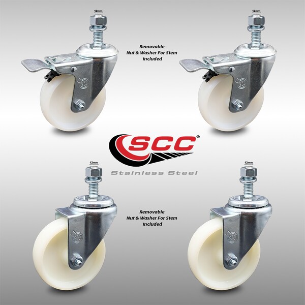 Service Caster 4 Inch SS Nylon Wheel 12mm Threaded Stem Caster Total Lock Brake SCC, 2PK SCC-SSTSTTL20S414-NYS-M1215-2-S-2 - main
